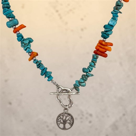 Handmade Turquoise Coral Necklace, Silver Tree of Life Pendant, Boho Natural Stone Jewelry - Etsy
