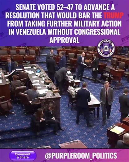 On January 8, 2026, the U.S. Senate voted 52–47 to advance a bipartisan war powers resolution intended to bar President Donald Trump from taking further military action in or against Venezuela without prior congressional approval. Key Details of the Vote Purpose: The resolution (S.J.Res.98) aims to reassert Congress’s constitutional power to declare war and prevent unilateral military strikes. Bipartisan Support: Five Republican senators joined all 47 Democrats to advance the measure: Rand Paul 