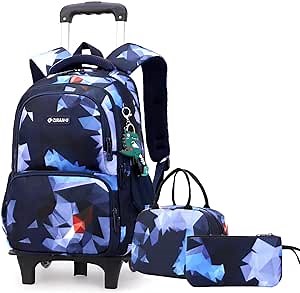Diamond,Geometric 3Pcs Kids Rolling Backpack Set Wheeled Elementary School Bag Trolley Bookbag for Boys