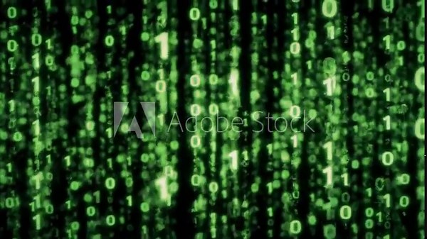 Falling green binary numbers (0s and 1s) glowing against a black background. Computer-generated code streams descend vertically in random patterns. Futuristic, Matrix-style digital animation. Seamless