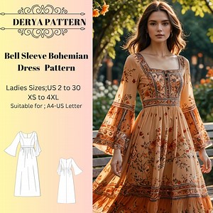 Bell Sleeve Bohemian Dress Sewing Pattern: US Size 2-30 (A4/US Letter) (PDF) - Etsy UK