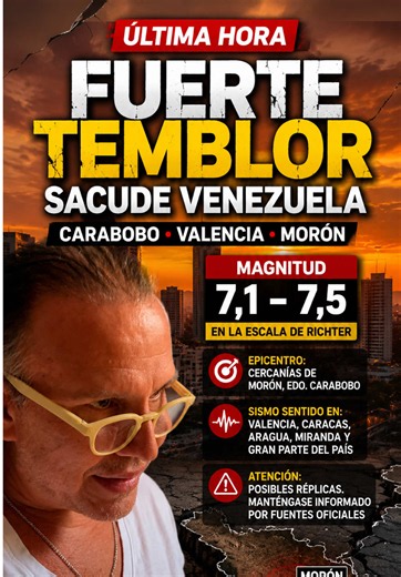 Fuerte sismo de magnitud preliminar entre 7,1 y 7,5 en la escala de Richter sacudió este miércoles gran parte de Venezuela, siendo sentido con intensidad en Carabobo, Valencia, Caracas y otras regiones del país.