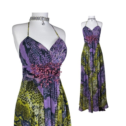 Vintage Halter Prom Dress Purple Green Snake Print Sparkly Maxi Dress Beaded Waist Evening Gown 2000s Y2K Formal Dress
