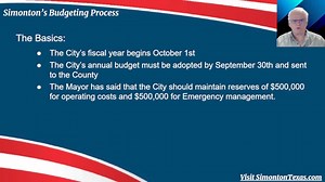 It's Budget Season in Simonton. 4 Meetings are Scheduled for August and Hearings planned for September. I plan to be there, will you? Watch this video for an overview of the budgeting process. | Simonton Texas | Facebook