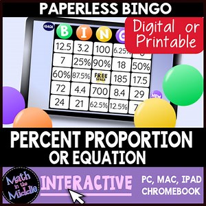 Percent Proportion or Percent Equation Digital Bingo Review Game - Paperless