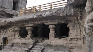 Video footage taken in the complex of Ellora caves and temple