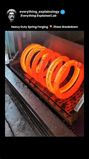 Everything Explained Lab on Instagram: "The post features a 35 second clip capturing the high temperature industrial forging process used to manufacture oversized heavy duty metal springs where red hot steel is heated shaped and coiled by powerful hydraulic machines to achieve precise elasticity strength and load bearing capacity shared by the TikTok account @wangxiasprings and viewed over 52.1 million times."