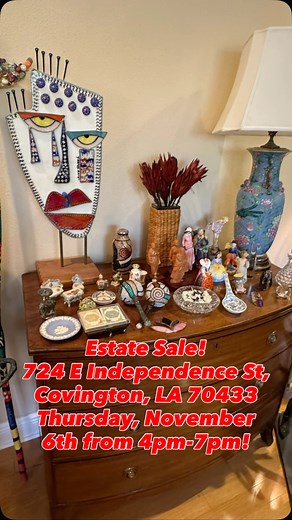 Estate Sale! For more photos: https://www.estatesales.net/LA/Covington/70433/4673271 724 E Independence St, Covington, LA 70433 Thursday, November 6th from 4-7pm & Friday-Sunday, November 7th-9th from 8am-2pm! ‼️Parking for this sale will be difficult near the house, so we recommend parking your vehicle at the nearby park and walking to the sale! This massive house is packed with amazing artwork of all styles and genres. Folk art, photography, sculpture, paintings, drawings, glasswork, and metal