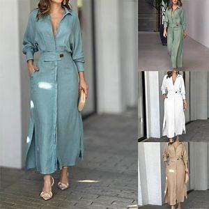 [Hot Item] Women's Casual Dress Solid Color Long Sleeved V-Neck Irregular Women's Split Casual Women's Clothing