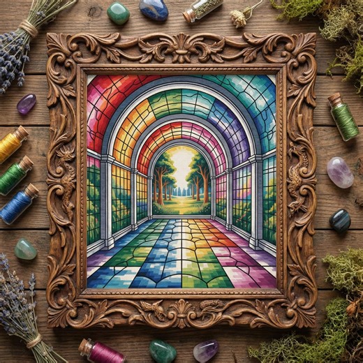 Stained Glass Garden Hall Cross Stitch Pattern: Rainbow Cathedral Corridor Landscape Embroidery PDF - Etsy