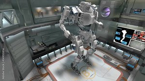 3D CG, Spaceship hangar with giant battle robot activated and walking out.