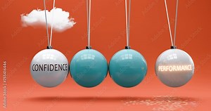 Confidence leads to performance. A Newton cradle metaphor in which confidence gives power to set performance in motion. Cause and effect relation between confidence and performance. Can be looped