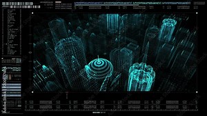 Advance motion graphic futuristic user interface head up display screen with digital holographic city building data telemetry information display for digital background computer desktop display screen