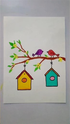 How To Draw Bird Sitting On Tree || easy bird drawing on tree branch#shortsfeed #ytshort