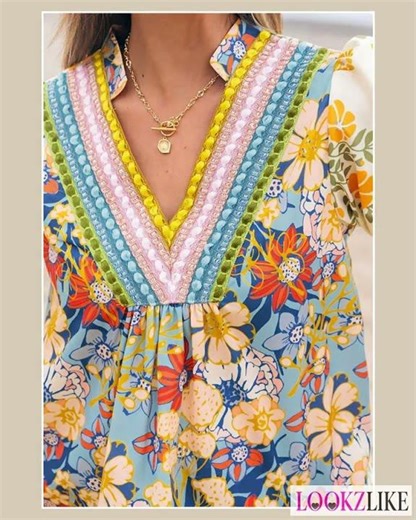 Multicolour Crochet V Neck Half Sleeve Boho Floral Blouse
