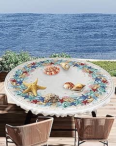 Beach Starfish Shell Round Tablecloth,Fitted Coastal Table Cover Waterproof Reusable Ocean Tablecloths with Elastic Edge for Kitchen Dining Party Coral Fitted Tablecloths 45-54in, Blue