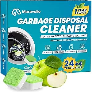 Maravello Garbage Disposal Cleaner and Deodorizer 28 Tablets Sink Foaming Garbage Disposer Freshener - Kitchen Drain Cleaning Pods with Apple Fresh Formula - 1 Year Supply