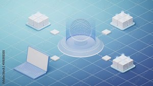 Transparent data sphere with server hardware, 3d rendering.