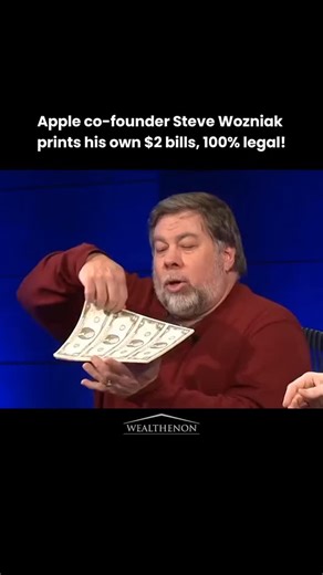 Temple of Wealth, Money & Business on Instagram: "People think it is fake money! Steve Wozniak prints $2 bills, turns them into notepads, and spends them! Handing someone a $2 bill… but peeling it off like a sticky note? That’s exactly what Steve Wozniak, the co-founder of Apple, does! His obsession with this rare denomination led him to order uncut sheets of $2 bills directly from the U.S. Treasury, slice them up, and glue them into pads. When he spends them, people are shocked or downright con