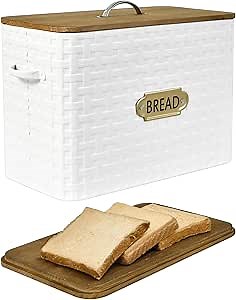 Extra Large Space Saving Farmhouse Bread Box With Wood Lid - Vertical Breadbox Bread Storage Bin Holder for Kitchen Countertop, White