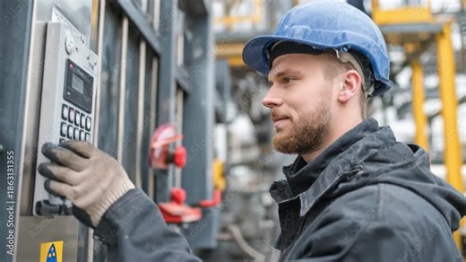 Engineer adjusting settings on a digital lock system installed on a factory gate demonstrating advanced control for industrial security access.