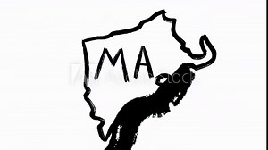 The USA and Massachusetts hand written black map in full stack of scribble isolated animations filmed on white background. Carbon outline of America country borders. Learning Geography and cartography