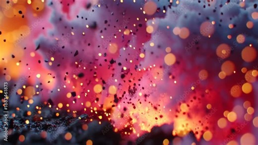 Vibrant abstract representation of a volcanic eruption, featuring dynamic lava flows and bright ash particles. the fiery colors and bokeh effect create a dramatic, energetic scene suitable for backgro