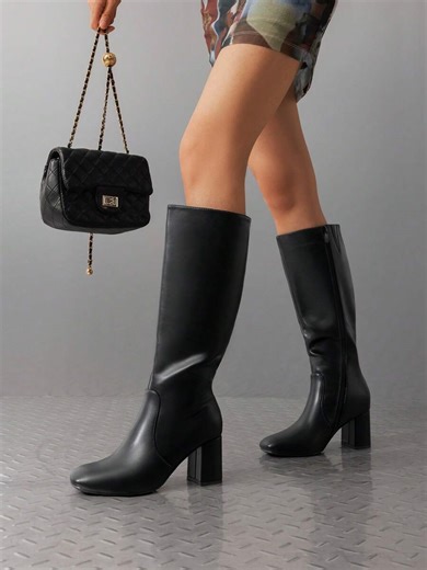 Women's Gogo Boots Square Toe Side Zipper Chunky Heel Solid Color Fashionable Simple Knee High Boots For Women