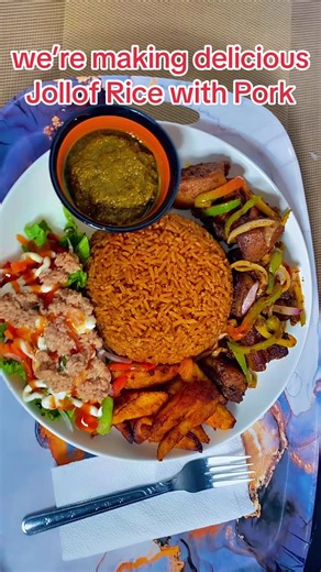 Delicious Jollof Rice with Oven-Baked Pork
