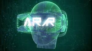 Stunning VFX graphics animation depicting emerging technology in the Virtual Reality Augumented Reality space, with spinning head with VR goggles, abstract plexus design, in teal color scheme