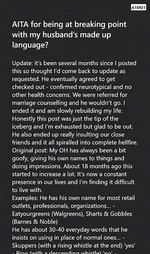 AITA 🔥 for being at breaking point with my husband’s made up 🦅 language? | Reddit Tale Repository