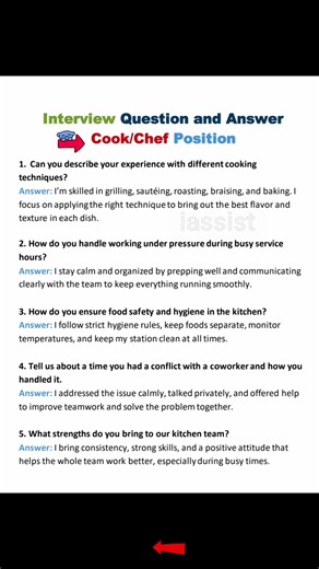 Job interview question and answer sample. #jobinterviewtips #interviewskills #interviewtips #jobinterviewquestions #jobinterviewprep #educational #jobseekers #everyone #job #fypシ #interview #jobinterview #chef #cheflife #cook #linecook #chefcook #folowers | i.Assist