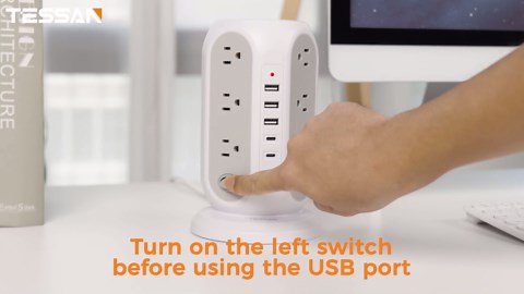 TESSAN Tower Power Strip with Individual Switches, Surge Protector with 12 Outlets, 5 USB Ports(2 USB C), Flat Extension Cord 10 Ft, 1250W, Charging Station for Multiple Devices, for Office, Dorm