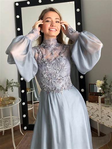 Blue Wedding Dress High Neck Embroidered, Modest Bridal Gown Long Sleeve - Etsy