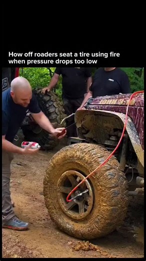 AI • Technology • Innovation on Instagram: "Off road driving often means lowering tire pressure to increase traction on uneven terrain. But when pressure drops too far, the tire bead can break its seal with the rim, making the wheel unusable in remote conditions. Without access to proper tools, some off roaders rely on a controlled ignition method. By briefly igniting flammable vapor inside the tire, the air rapidly heats and expands, forcing the bead back onto the rim through basic gas expansio