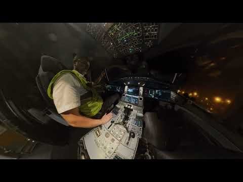 Airbus A350 1000, dark aircraft startup and tow to the gate