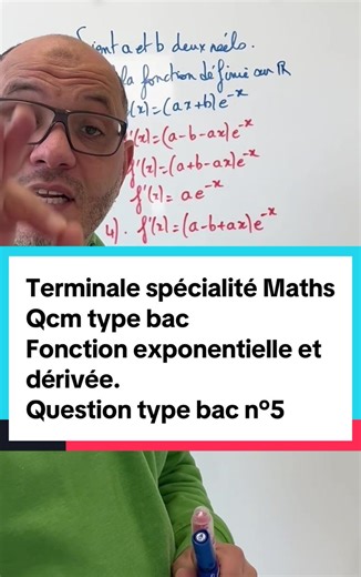 🎓 Terminale Spé Maths 🔢 QCM type bac – Fonction exponentielle et dérivées 📌 Question n°5 comme le jour de l’exam ⏱️ Entraîne-toi, teste ton niveau et révise efficacement 💡 Méthode réflexion attendue au bac 💬 Mets ta réponse en commentaire 📚 Abonne-toi pour d’autres QCM type bac ! #pourtoi #fyp #study #bac2026 #bacmaths2026