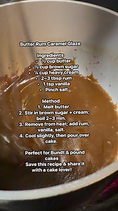 Butter Rum Caramel Glaze Ingredients • ½ cup butter • ½ cup brown sugar • ¼ cup heavy cream • 2–3 tbsp rum • 1 tsp vanilla • Pinch salt Method 1. Melt butter. 2. Stir in brown sugar cream; boil 2–3 min. 3. Remove from heat; add rum, vanilla, salt. 4. Cool slightly, then pour over cake. ✨ Perfect for Bundt & pound cakes 📌 Save this recipe & share it with a cake lover! #fblifestyle #christmasfood #caramel #glaze Caramel glaze, glaze, Bundt cake, rum cake, caramel recipe | Several People’s Mama