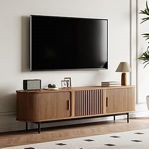 POVISON Fully-Assembled Mid Century Modern TV Stand for 75 inch TV, Sliding Door Entertainment Center with Storage, Wood TV Console, Media Console for Living Room Bedroom(Walnut, 78.74")