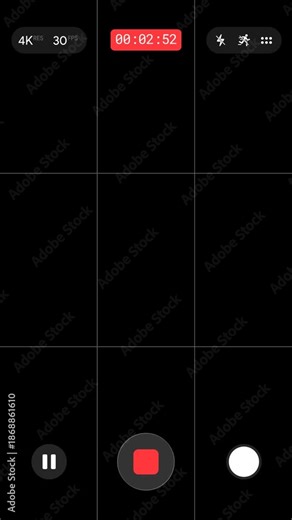 Smartphone camera recording interface overlay. iOS style mobile phone viewfinder with rec timer. Rule of thirds grid lines template. video screen UI for vlog. MOV Alpha Channel transparent background