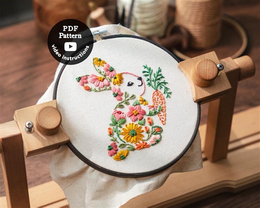Bunny Embroidery Pattern | 6” & 7” | Easy Beginner Hand Embroidery DIY Hoop Art | How to Embroider Rabbit ( Pdf Pattern   Video ) - Etsy