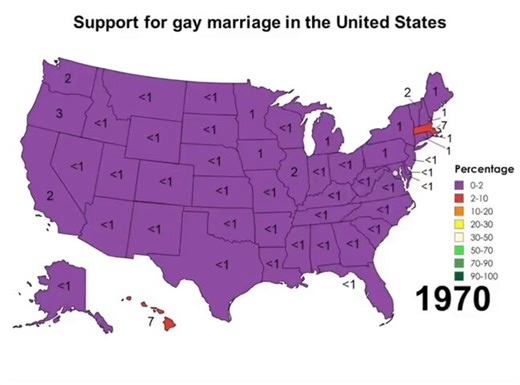 The data for this map does not exist. The earliest national polls for gay marriage weren’t until the 80s, and most national polls don’t have sample sizes for state comparisons. The *earliest* state poll I’ve seen was California in 1977, and it was 28%, not 5% as this map says.