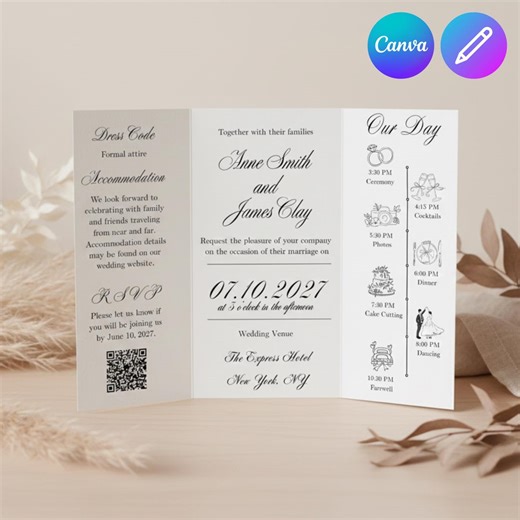 Photo Gatefold Wedding Invitation Template, Editable Canva Folded Invite, Wedding Program, Photo Strip Invitation, Digital Download - Etsy