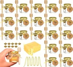 Ahhute Honey Jar, Mini Honey Jars with Dipper, Glass Honey Pot Baby Shower Favors, Party Favors & Wedding Favors, Hexagon Honey Container with Lid, Bee Charms, Fabric Ribbons and Bags, 20 Pack 1.5oz