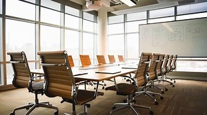 Download A conference room with a long table and chairs in front of a whiteboard for free