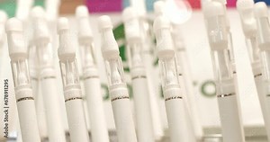 Close-up of vape pen is a portable vaping device at international trade show. These devices are designed to vaporize liquid. An alternative to tobacco smoking.