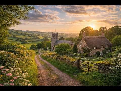 English countryside at Sunset. Relaxing Nature Sounds & Birds. Screensaver or background artwork.