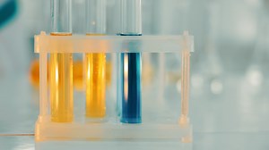 el laboratorio asistente pone el prueba tubos en el trípode con el azul y amarillo sustancia para más lejos estudiar