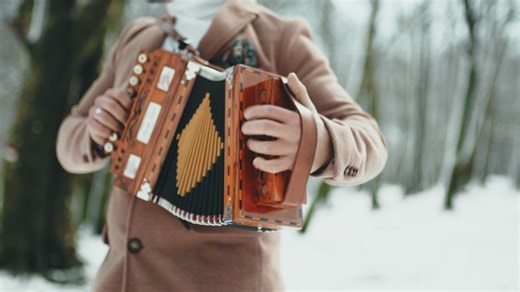 Man playing accordion in the park during winter time - Free Stock Video