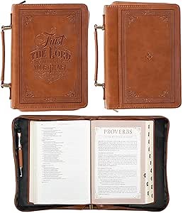 Christian Art Gifts Classic Vegan Leather Bible Cover for Men & Women: Trust in the Lord Inspirational Bible Verse, Sturdy Easy Carry Book Case, Pen Loops, Pockets, Accessory Storage, Brown, Large